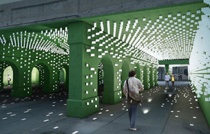 Public Art& Lighting installation a viaduct in Detroit's New Center TechTown district.